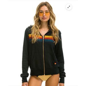 NWOT- Aviator Nation 5 Stripe Full Zip Charcoal Hoodie- Size Large